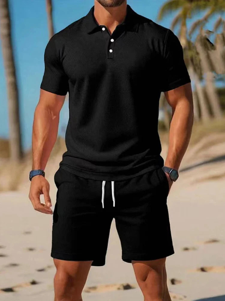 Men's Clothing Summer New Men's Casual Sports two-piece Mesh ventilation Breathable   Lapel Polo Shirt Short-Sleeved Suit