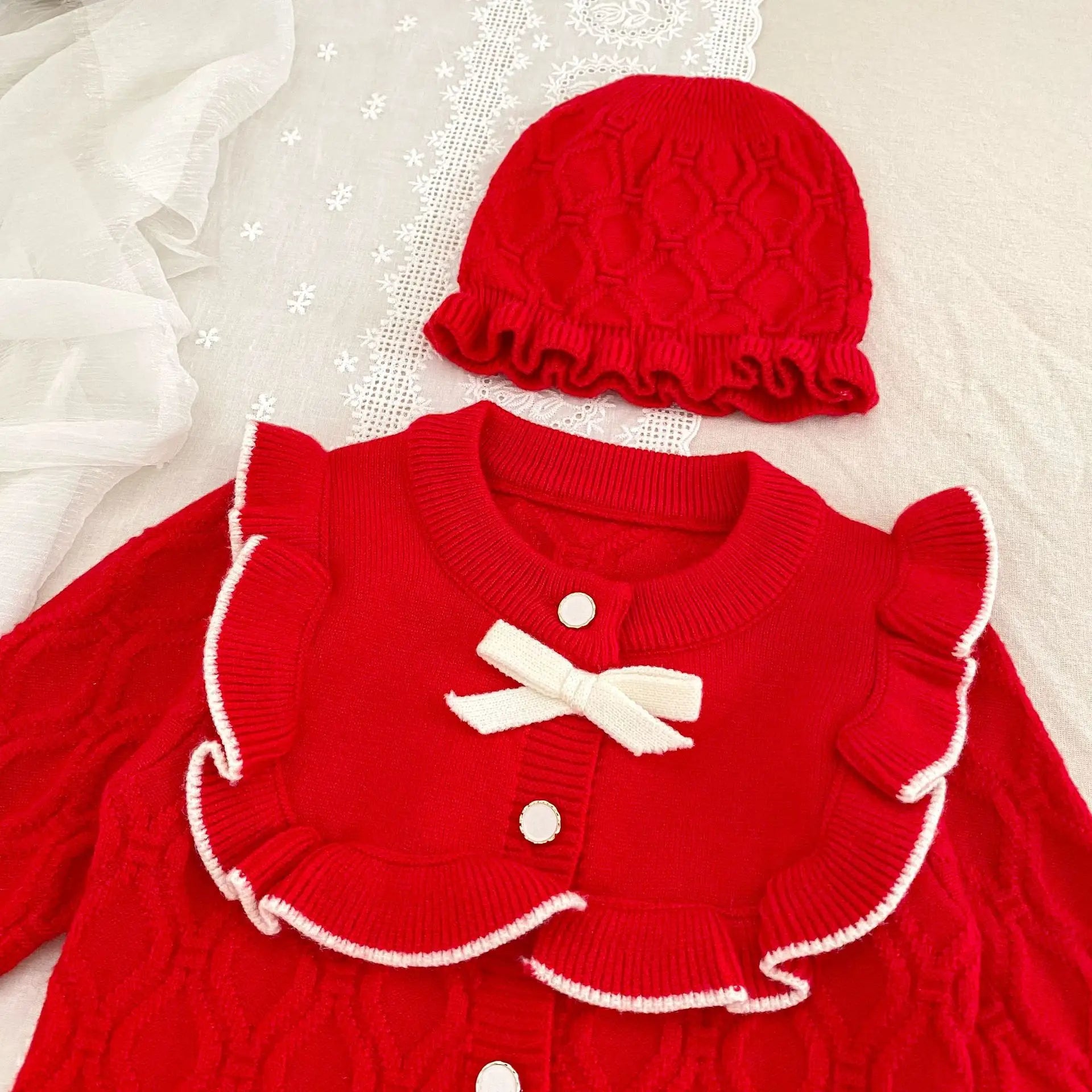 Christmas Baby Rompers Clothes Hat Autumn Winter Knitted Bow Newborn Girls Jumpsuits Fashion Solid Plain Toddler Kids Rompers