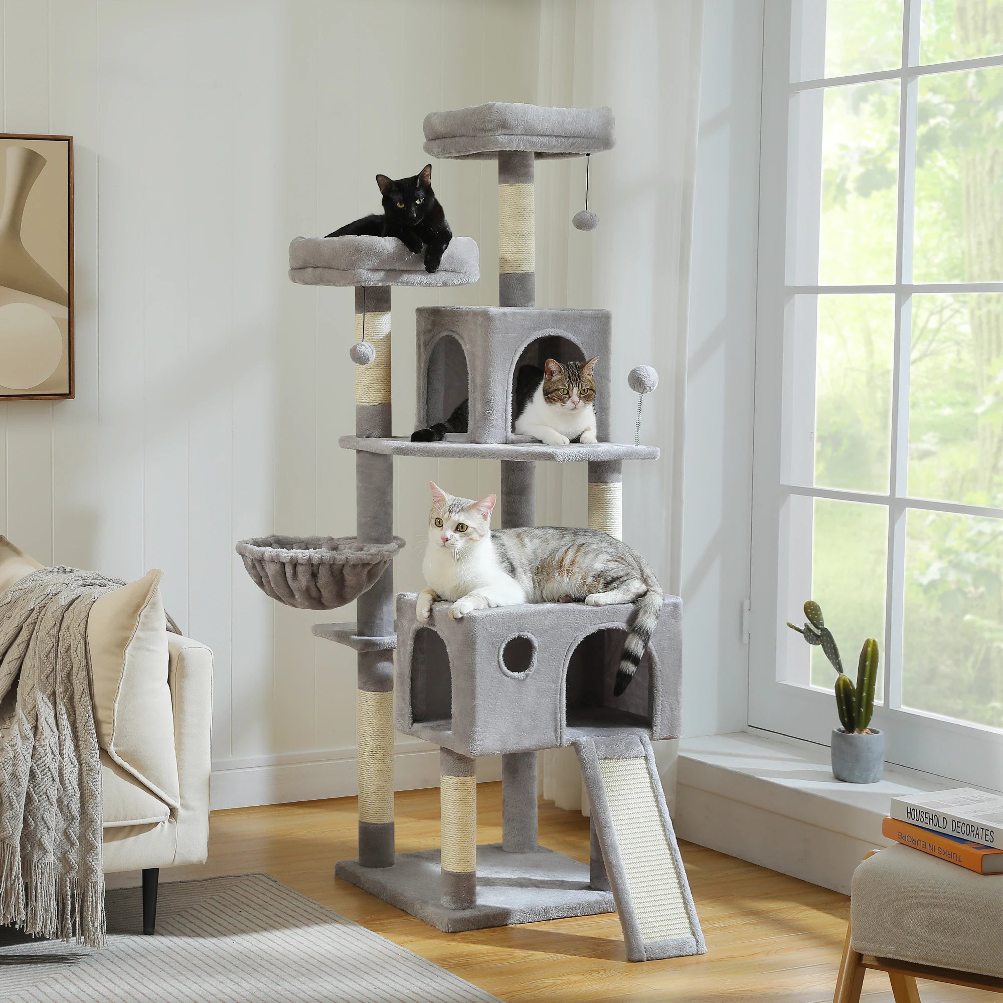 Stable&Safe Multi-Level Cat Tree Tower with Cozy Condo,Scratching Posts&Boards,Perches,Hammock,Pompoms for Active Cats,Cat Toys