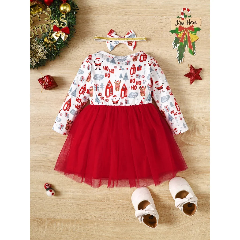 3-24 Months Toddler Baby Girl 2pcs Clothes Set Long Sleeve Christmas Print Dress with Headwear Fashion Holiday Style Daliy Wear
