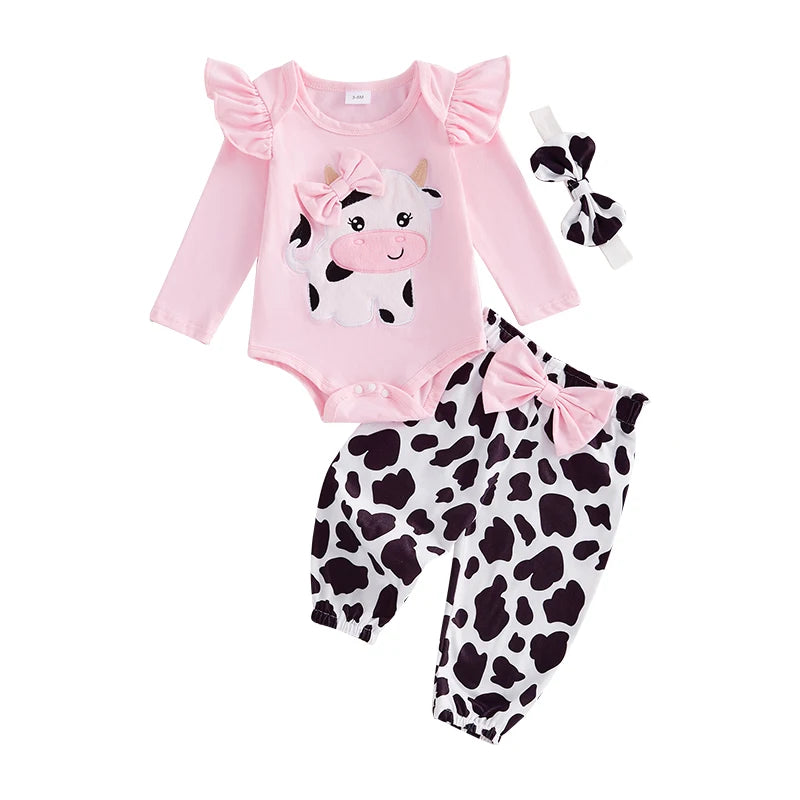 Baby Girl Fall Outfits Cow Embroidery Long Sleeve Romper Long Pants Headband 3Pcs Clothes Set