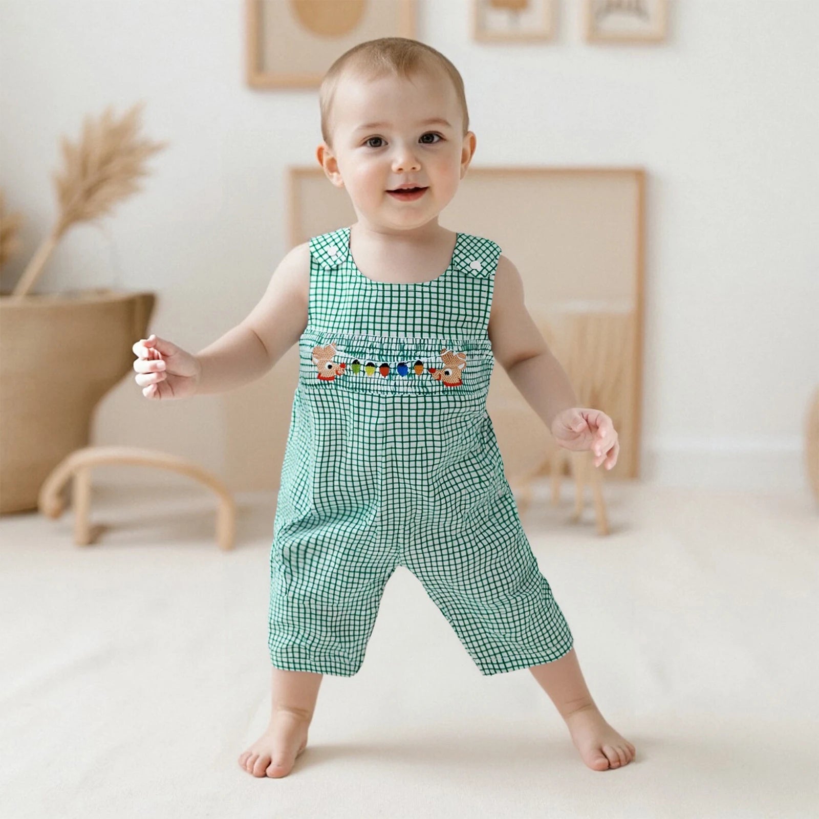 0-18M Infant Baby Girls Boys Christmas Romper Plaid Print Lamp String Embroidery Short Sleeve Doll Collar Bodysuit/Tank Jumpsuit