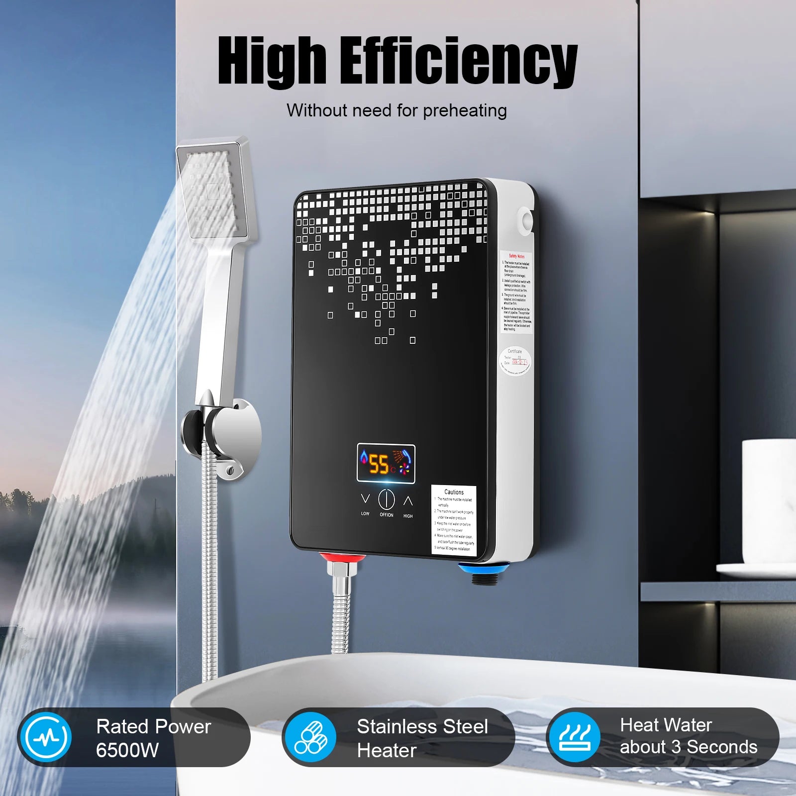6500W Instant Electric Water Heater LED Touch Screen 86-131°F 3-second Heating 220V Tankless Water Heater with Shower Kit