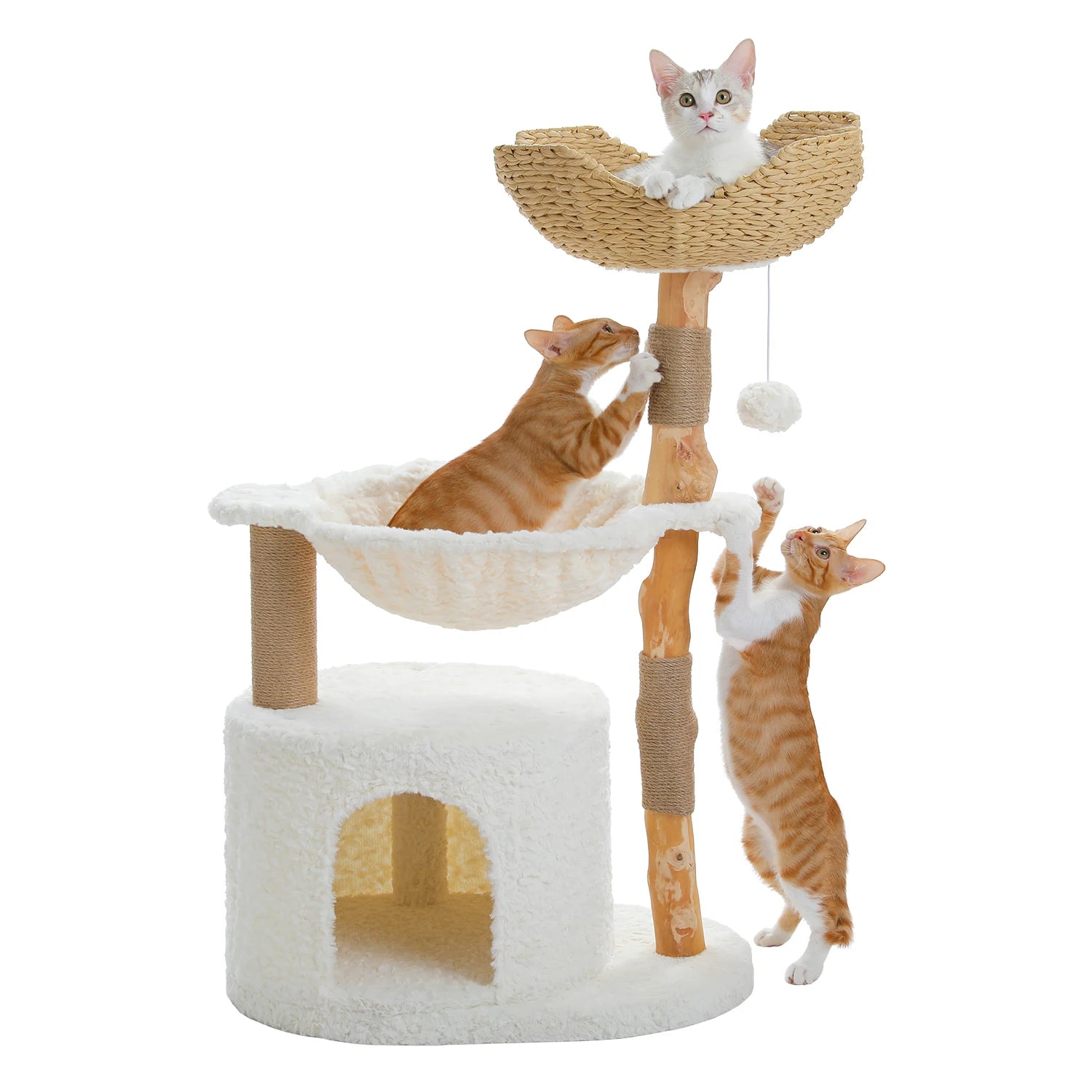 Modern Cat Tree Tower with Natural Solid Wood Scratching Posts Spacious Wicker Basket Luxury Cat Condo Bed for Indoor Cat Toys