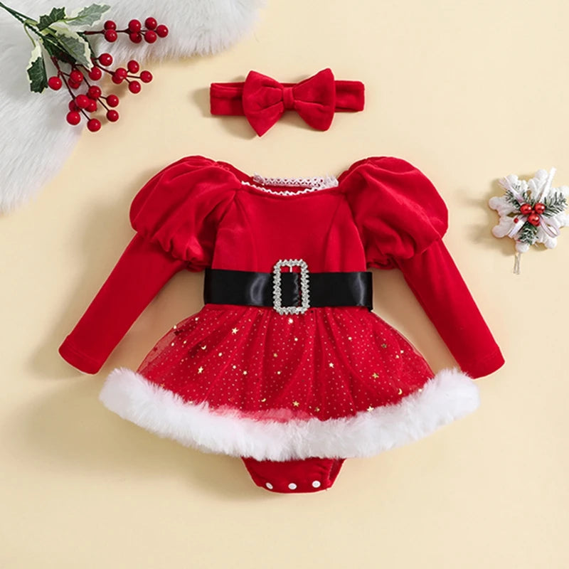 Baby Girls Rompers Dress Christmas Clothes Patchwork Sequins Stars Moon Skirt Hem Long Sleeve Toddler Bodysuits with Headband