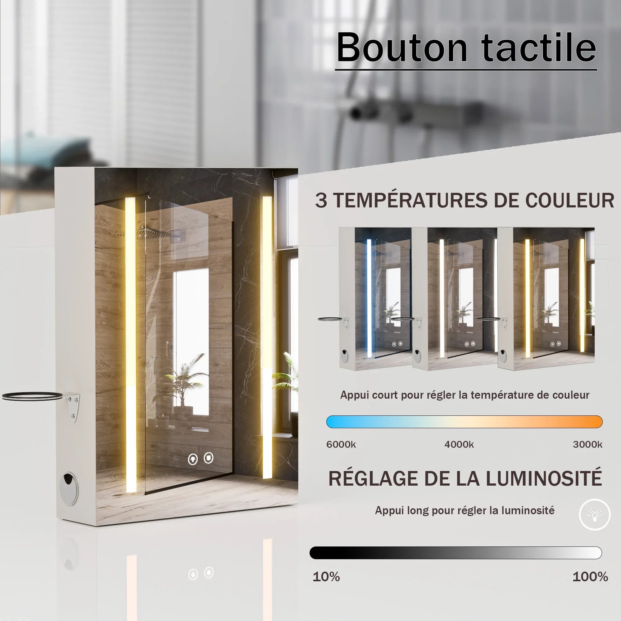 3-colour memory defogger, dimmer mode, LED bathroom mirror, wall-mounted bathroom cabinet, medicine cabinet with adjustable shelf.