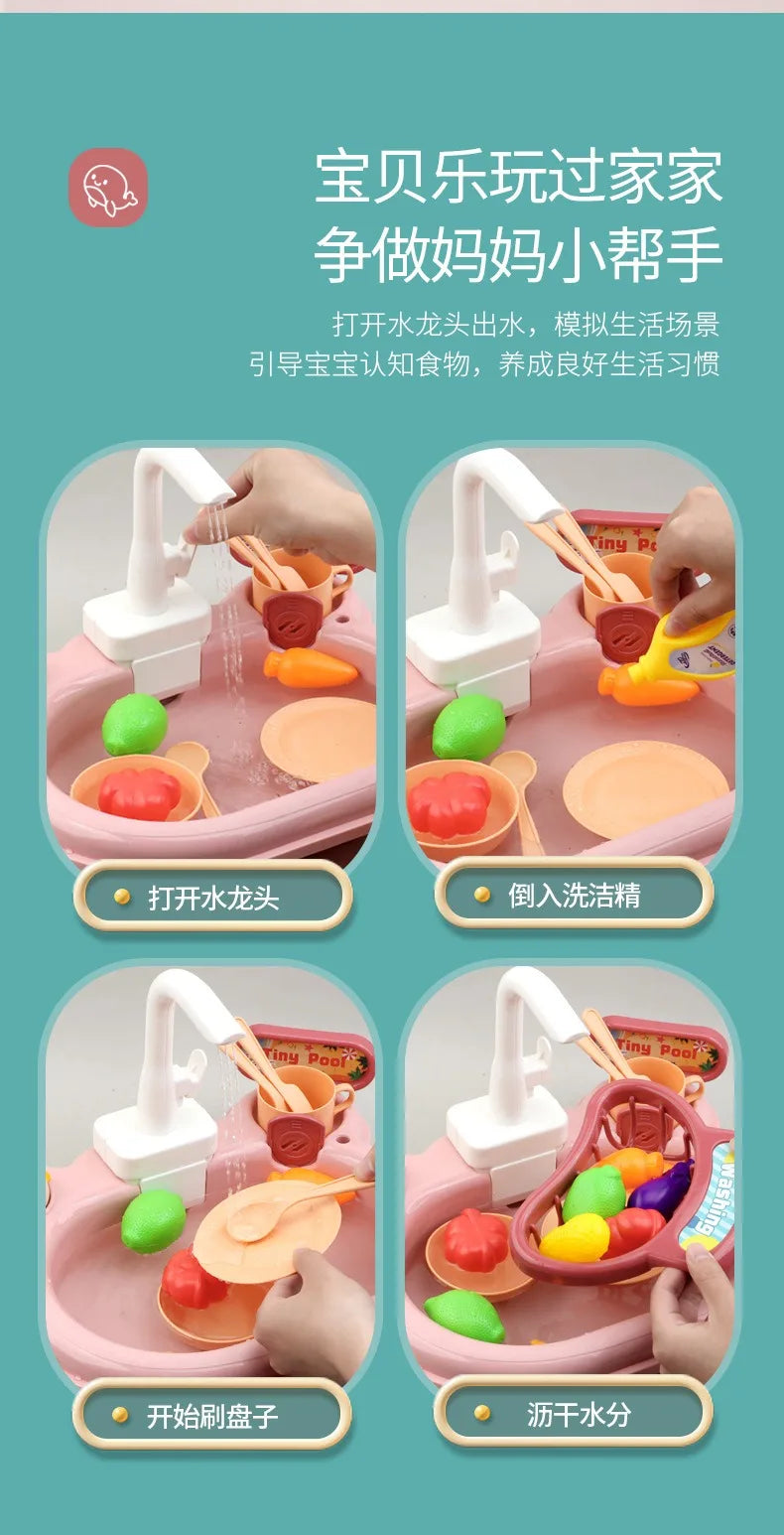 Kids Kitchen Sink Toys Electric Dishwasher Playing Toy With Running Water Pretend Play Food Fishing Toy Role Playing Girls Gift