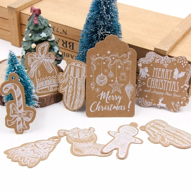 50PCS Christmas Kraft Paper Tags Handmade/Thank You DIY Crafts Hanging Tag With Rope for Christmas Gift Wrapping Supplies Favors