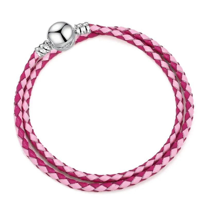 Original 925% sterling silver fashionable leather heart-shaped circular buckle charm bracelet for women DIY jewelry special gift