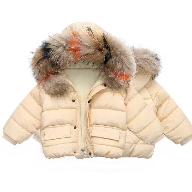 Baby Girl Boy Warm Outerwear 2023 Winter New Children Down Jacket Big Fur Collar Coat Kids Clothes Solid Thicken Girl Boy Jacket