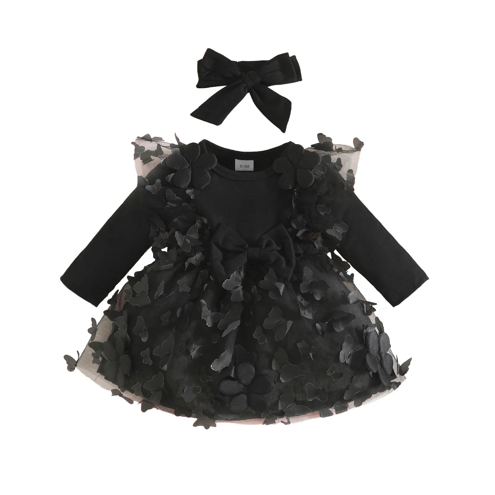 0-2Y Baby Girl Clothes 2Pcs Set Butterfly Tulle Patchwork Bow Baby Dresses for Newborn Girls and Headband Princess Party Outfit
