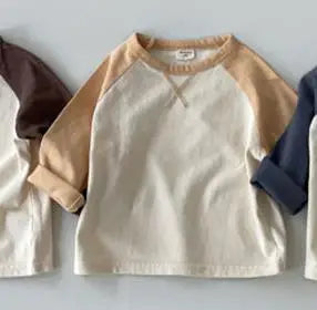 Kid Casual Simple Patchwork Long Sleeves T-shirt Pullover Tops Girl Loose Comfortable Soft Bottoming Shirt cotton tees