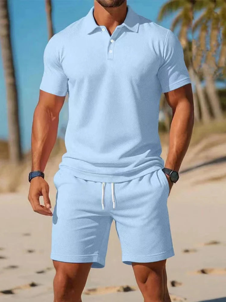 Men's Clothing Summer New Men's Casual Sports two-piece Mesh ventilation Breathable   Lapel Polo Shirt Short-Sleeved Suit