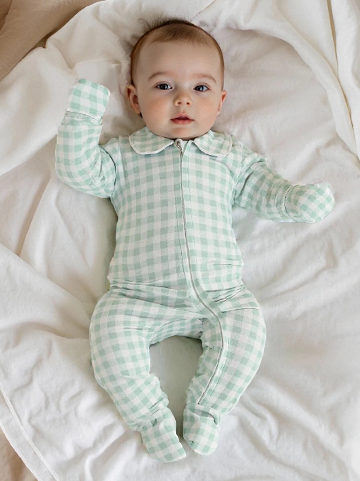 Pudcoco Infant Newborn Baby Fall Romper Plaid Print Doll Collar Long Sleeve Zip Up Footed Jumpsuit 0-6M