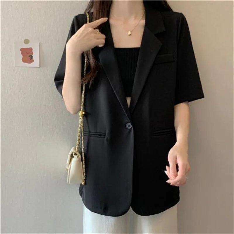 2025 Female Short Sleeved Suit Coat Women Summer Loose Fitting Solid Color Blazer Jacket Ladies Korean Leisure Tops Outerwear