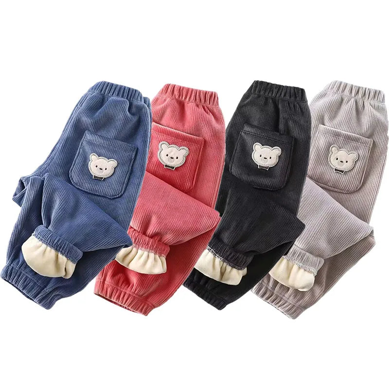 1pcs Boy Girl Winter Velvet Corduroy Kids Pants Little Bear Cartoon Mid Waist Warm Pantalones Baggy Thick Plush Children Trouser