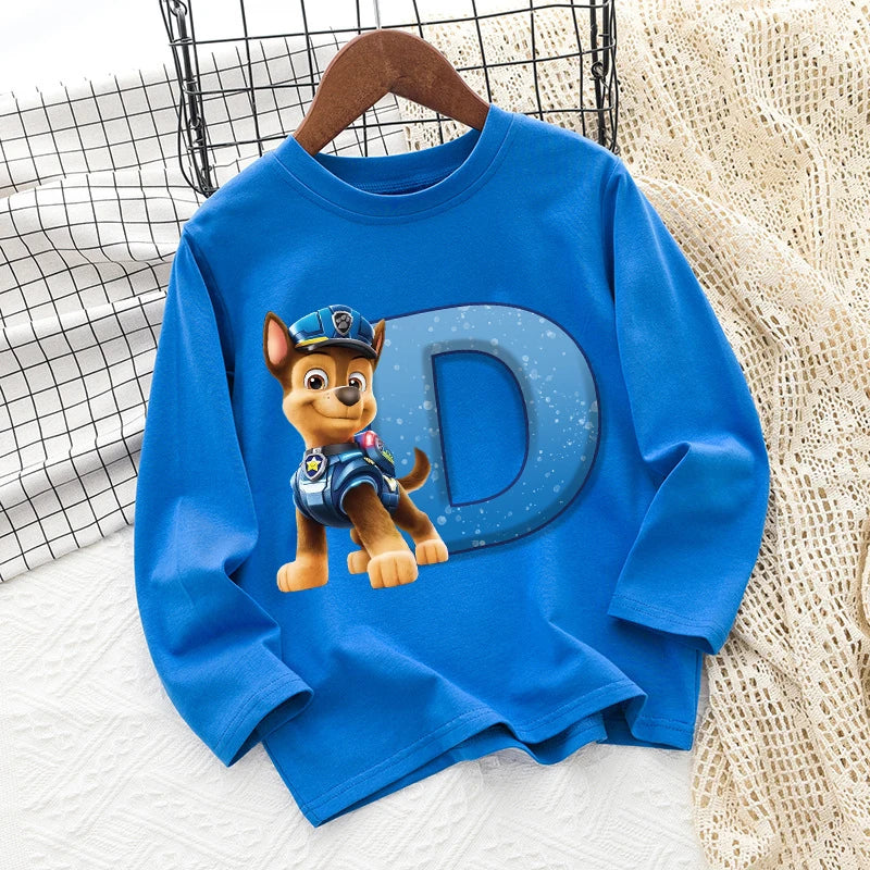 Cute PAW Patrol T-shirt Letter A-Z Print Top Long Sleeve Fashion Summer Boys Clothes Cartoon Kids Birthday Gift Outdoor Wear Tee