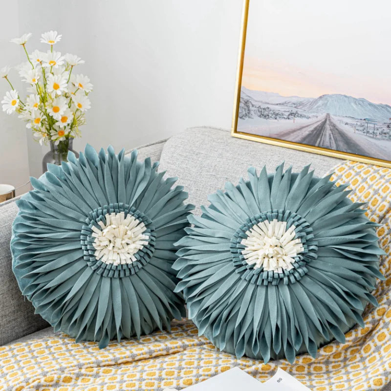 Modern Style Yellow White Throw Pillows Round  45*45 Velvet Stitching 3D Chrysanthemum Cushion Cover Waist Blue Cute Pillowcase