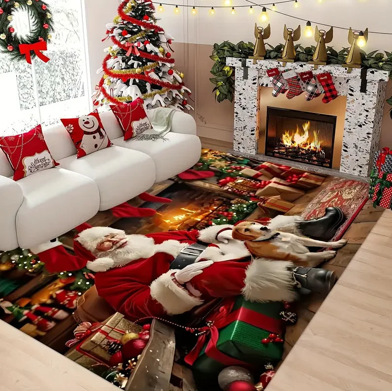 1PCS Christmas Snowflake Area Mat Red with Gold and White Santa Claus Living Room Bedroom Decoration Holiday Home Decoration