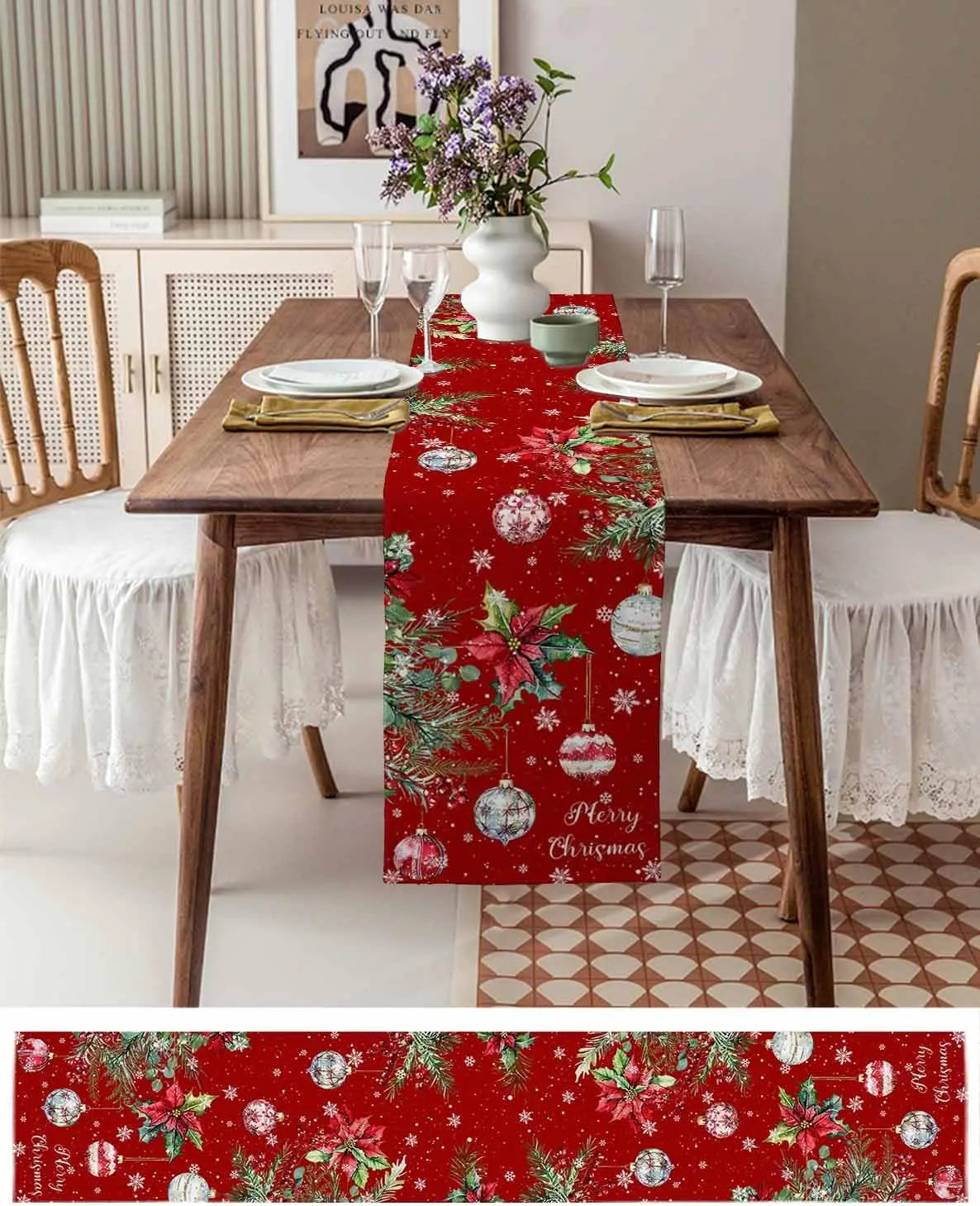 Merry Christmas Poinsettia Flower Ball Linen Table Runner Party Decor Winter Snowflake Berry Table Runners Christmas Decorations
