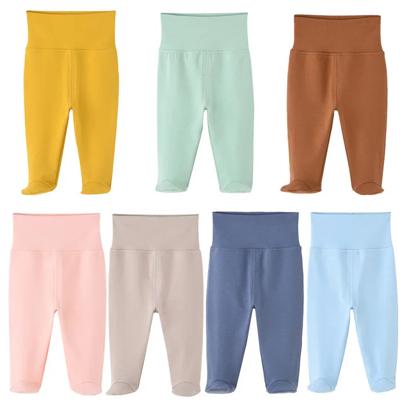 Newborn Baby Pants Boy Girl Cotton Leggings 0 To 12 Months Spring and Autumn High Waist Solid Color Foot Binding Trousers