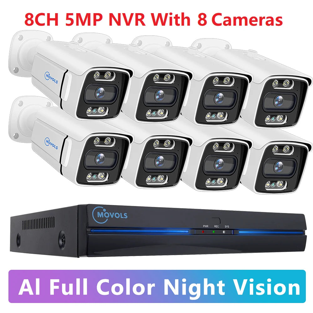 MOVOLS 8CH 5MP 8MP POE Security Camera System Two Way Audio 8MP NVR Kit CCTV Outdoor IP Camera H.265 P2P Video Surveillance Set