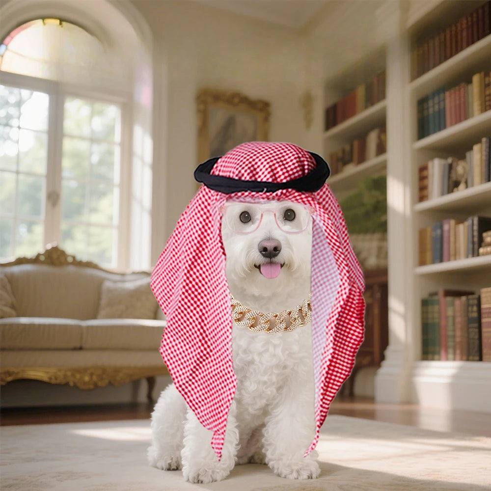 4PCS Set Small Pet Arabic Scarf Set Red Printed Dubai Saudi Style Headscarf Dogs Cats Middle Eastern Costume for Puppy Kitty