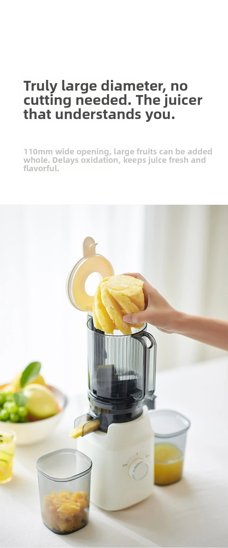 Large-Caliber Juicer Household Automatic Juicer Low-Speed Slag Juice Separation Food Grade 304 Stainless Steel Easy to Clean