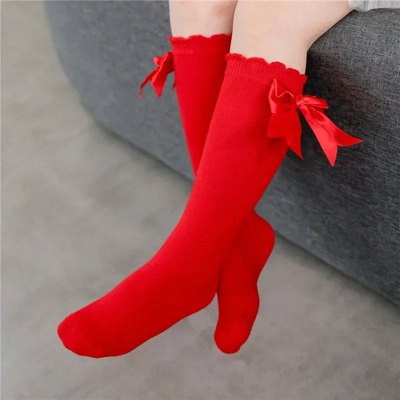 0-24months Infant Girl Below Knee Socks Solid Color Bow Decor Stockings For Girls Infant Breathable Socks