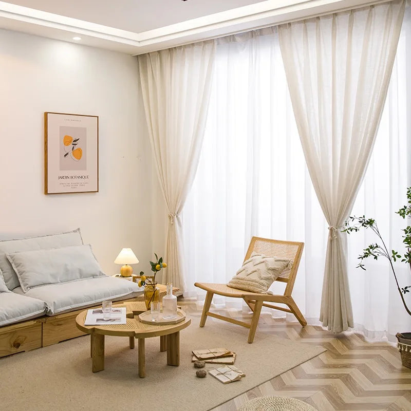 Modern Beige Natural Linen Like Tulle Living Room Flax Sheer Curtains for Bedroom Voile Window S Folds Custom Size Drapes