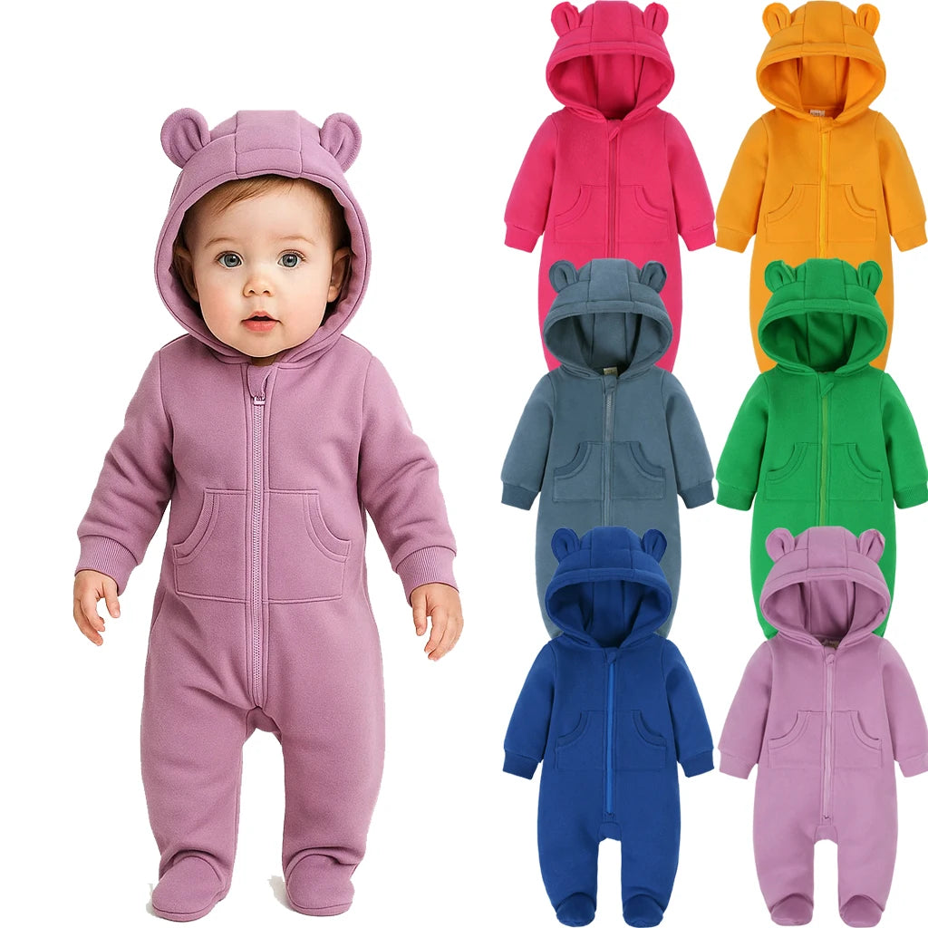 2025 Newborn Baby Romper Warm Clothes Winter Thicken Fleece Hooded Bear Onesie Toddler Boy Girl Jumpsuits Infant Pajamas