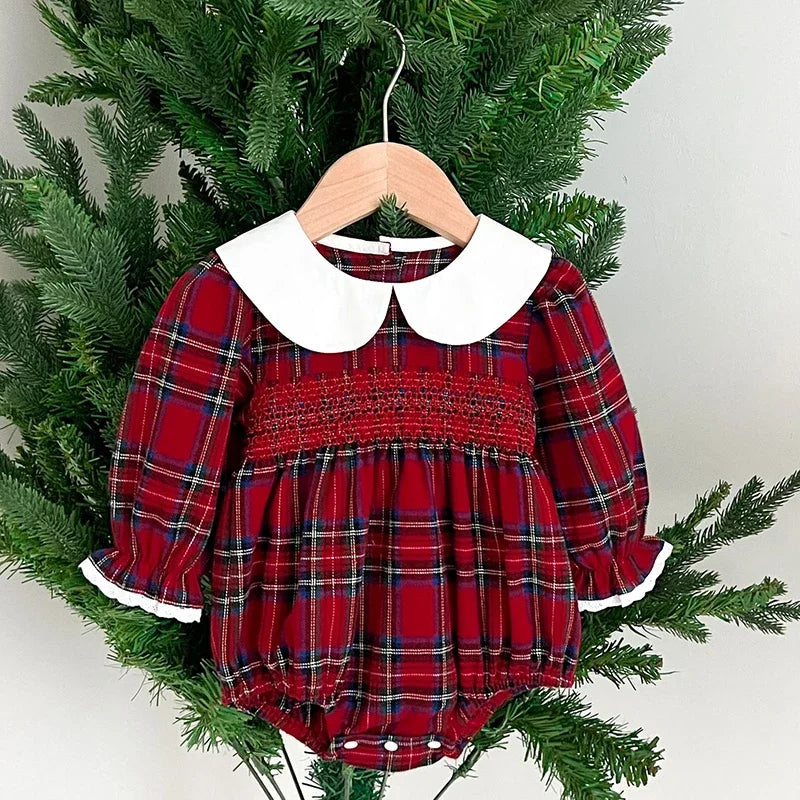 Christmas Infant Baby Girl Romper Autumn Winter Newborn Baby Girl Children Clothes Red Plaid Lapel Long Sleeved Newborn Romper