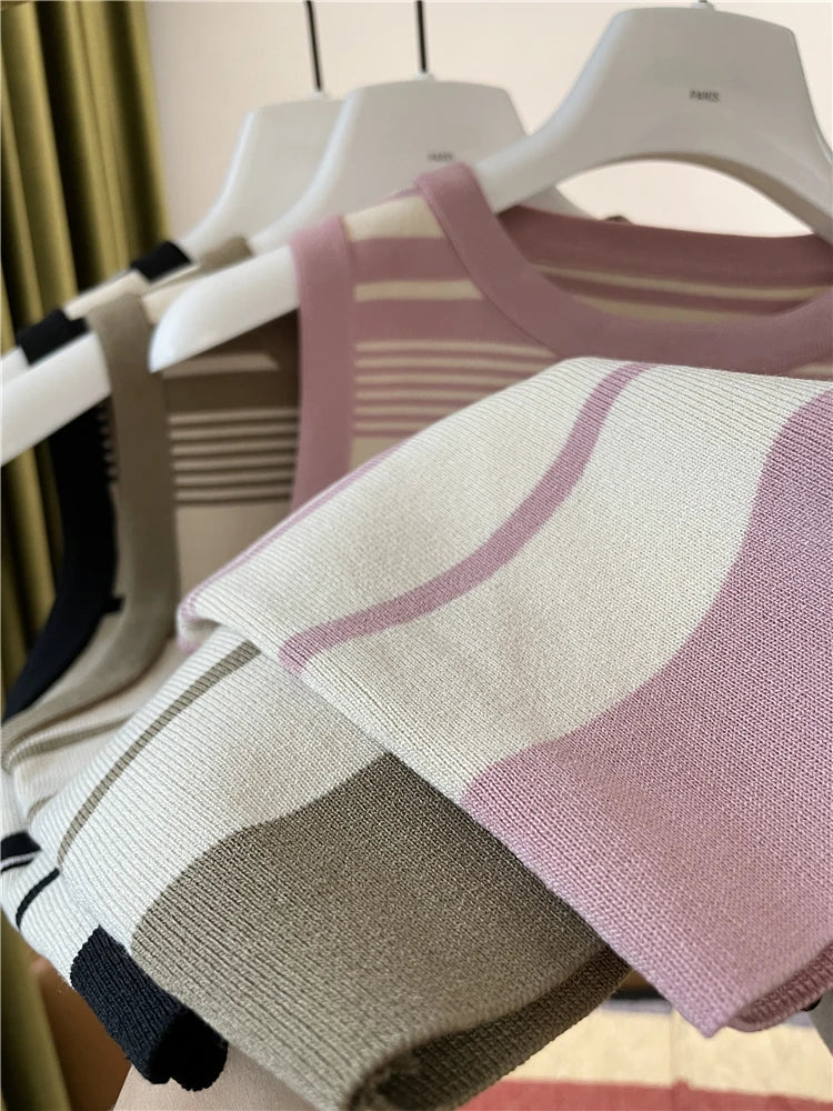 New Fashion Blocking Korean Style Crop Tops Knitted Striped Vest Women's Sleeveless Round Neck Versatile Tank Tops Ladies Basic