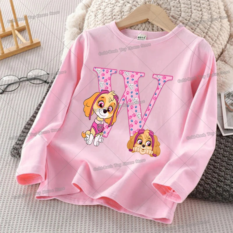 Paw Patrols Skye Letter A-Z T-shirt for Girl Long Sleeve Cotton Tops Cute Cartoon Print Children Tee Autumn Casual Kids Clothes