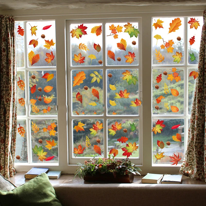 ملصقات ديكور منزلي إبداعية بموضوع عيد الشكر في الخريف، ملصقات نافذة وباب زجاجي وكهرباء ساكنة