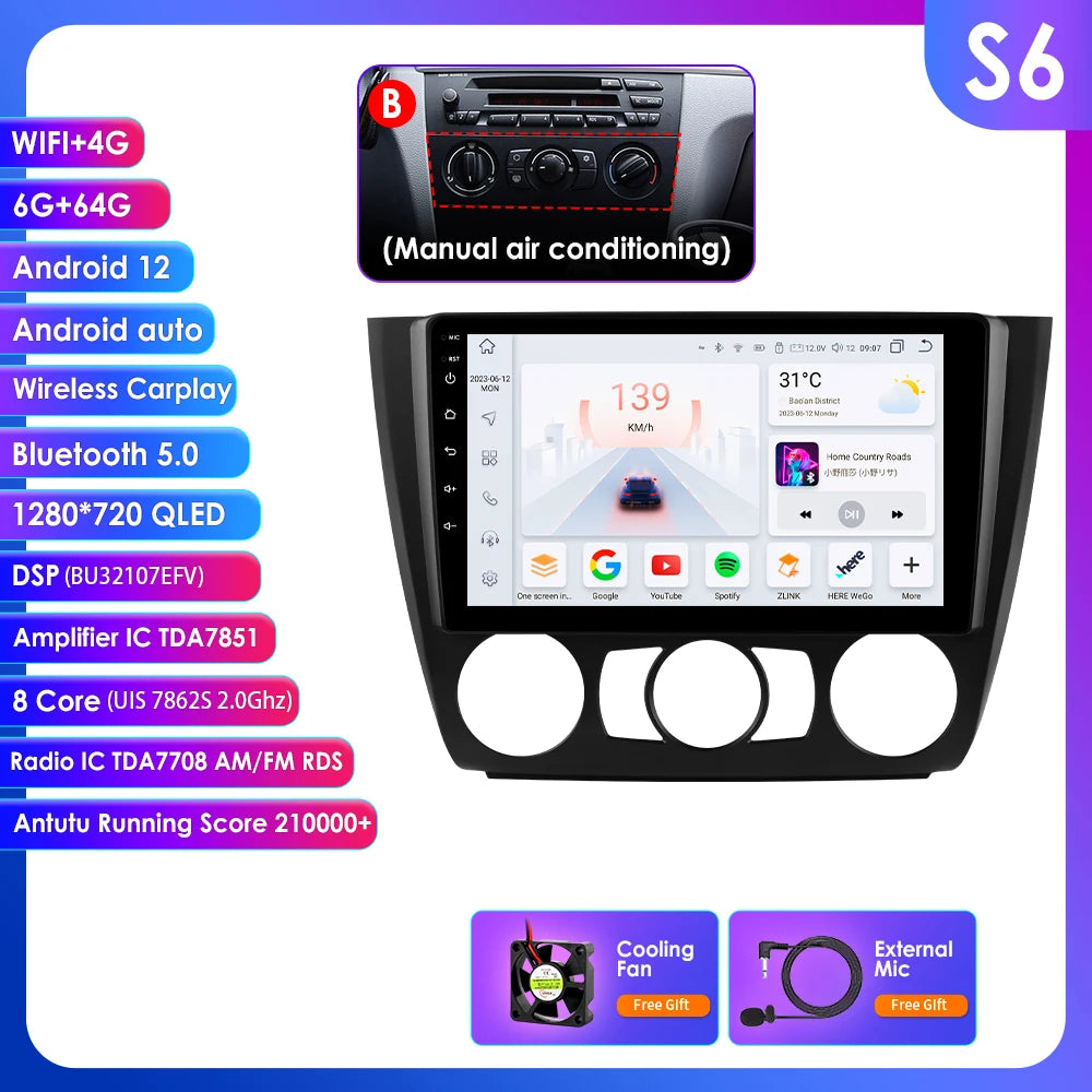 Hizpo 9inch 2Din Android13 Car Radio for BMW 1 Series E81 E82 E87 E88 AT MT Navigation GPS RDS DSP Android Auto CarPlay 360° CAM