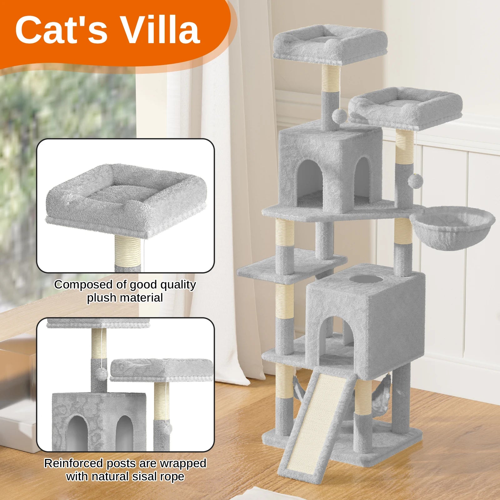 Oak & Tea Cat scratching post 158cm Climbing Tower with 7 Scratching Pillars, 2 Houses & 2 Hammocks for Domestic Cats