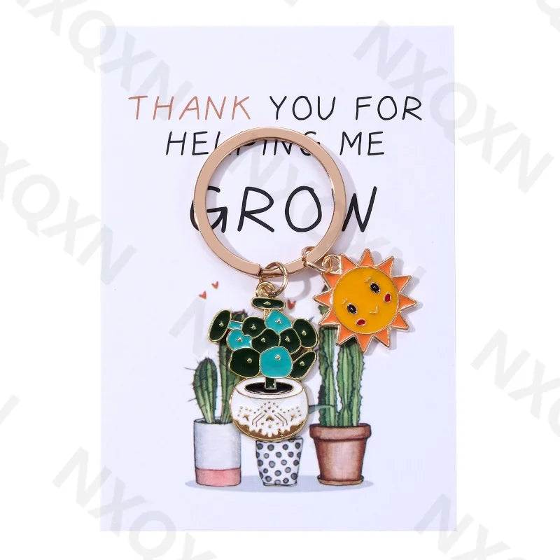 Classic Sun Smiling Face Cactus Enamel Keychain Cartoon Plant Grow Thank You For Teachers Good Gift Handmade Jewelry Set