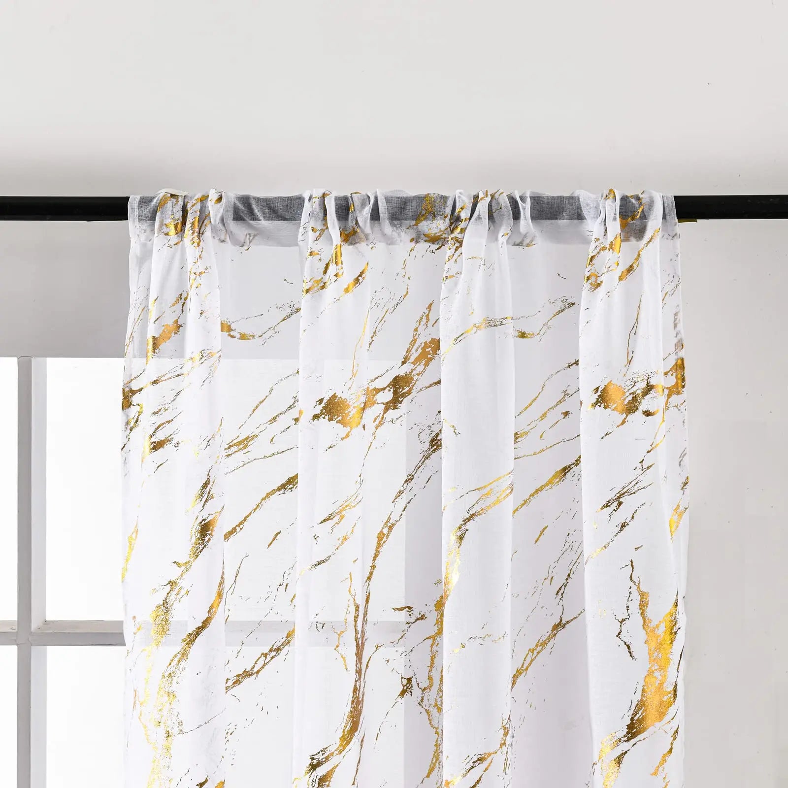 Marble White Sheer Curtains Gold Foil Print Metallic Bronzing, Privacy Window Treatment Decor Abstract Drape for Bedroom Kitchen