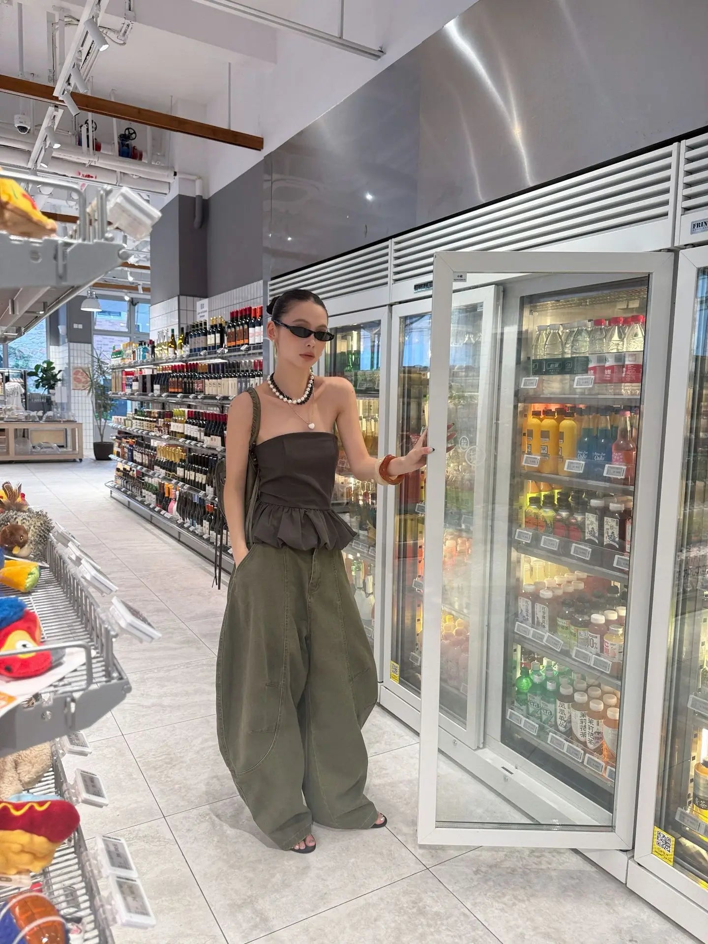 DEAT Fashion Splicing Silhouette Curved Jeans Women's High Waist Loose Wide Leg Denim Pants Autumn New 7A1005