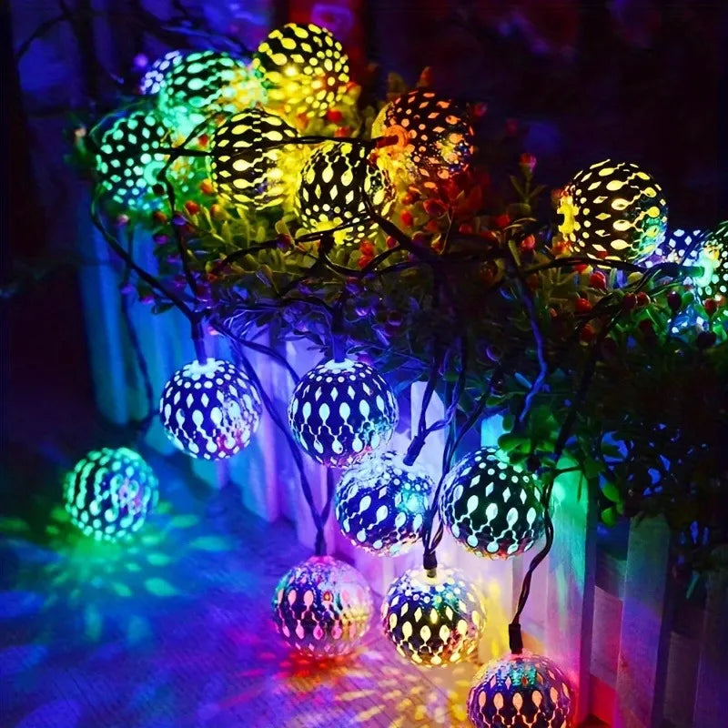 Solar Moroccan String Lights Metal Spherical Outdoor Fairy Lights for Christmas, Thanksgiving, New Year, Valentine's Day