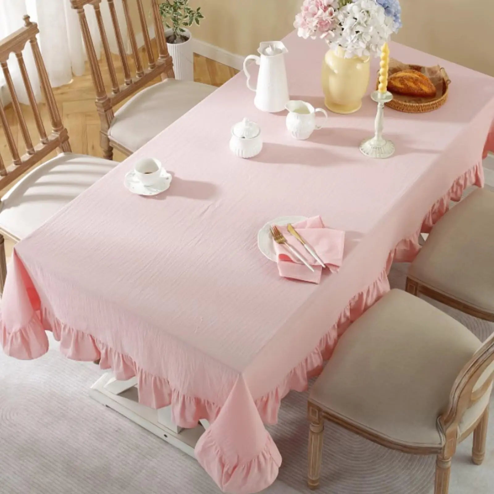 Solid Color Ruffled Tablecloth Cotton Rectangular Square Table Cover Decoration for Kitchen Dinning
