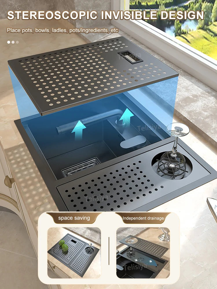 Hidden Sinks Stainless Steel Kitchen Sink Bar Small Single Slot With Lid Wash Basin Balcony Garden Campervan