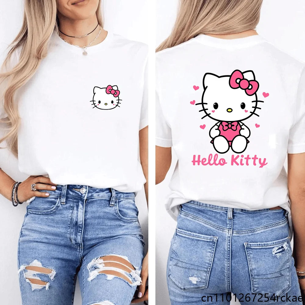 New Women's Cute Hello Kitty Printed T-shirt Kawaii Hello Kitty Pattern Shirt Personalized Women's Tops