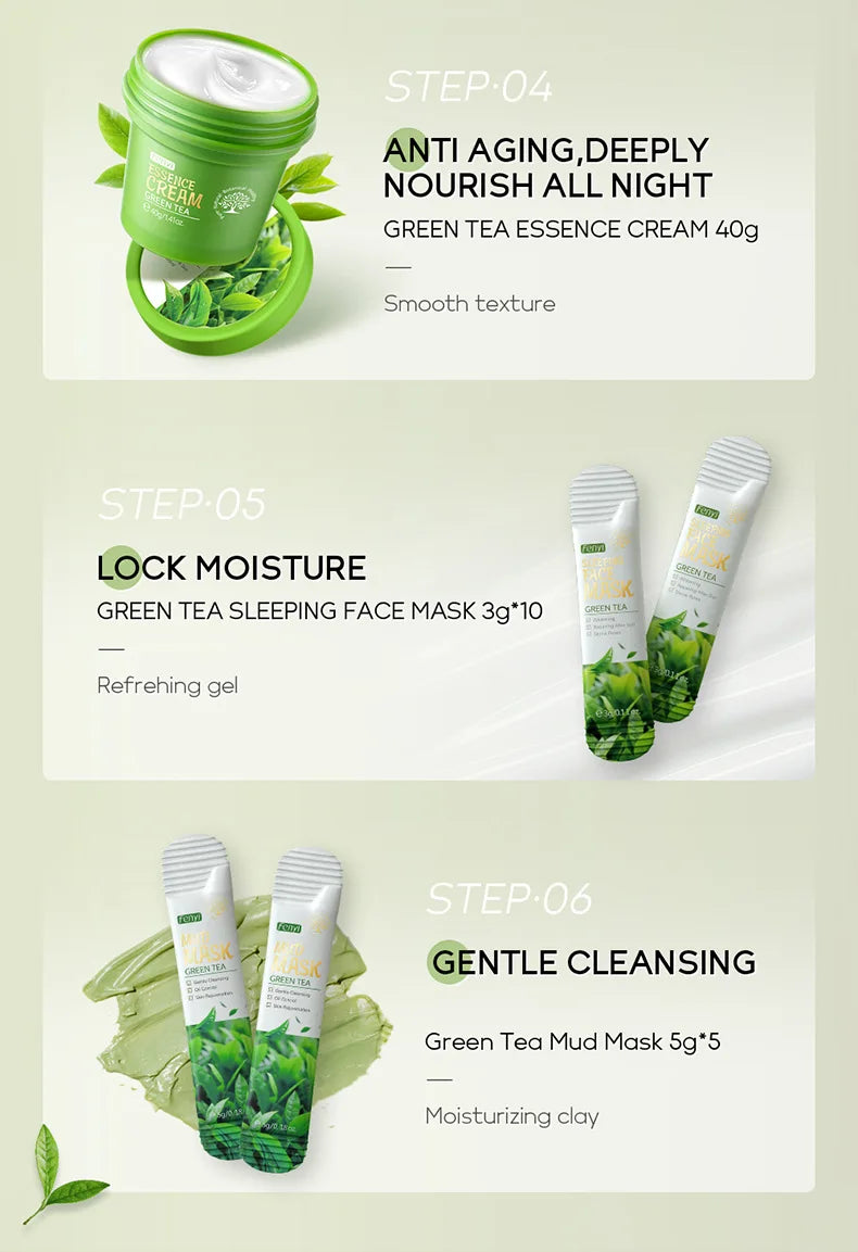 19pcs Gift Box Kit Green Tea Skin Rejuvenation Face Essence Korean Face Cream Fade Dark Circles Eye Cream Skin Care Products