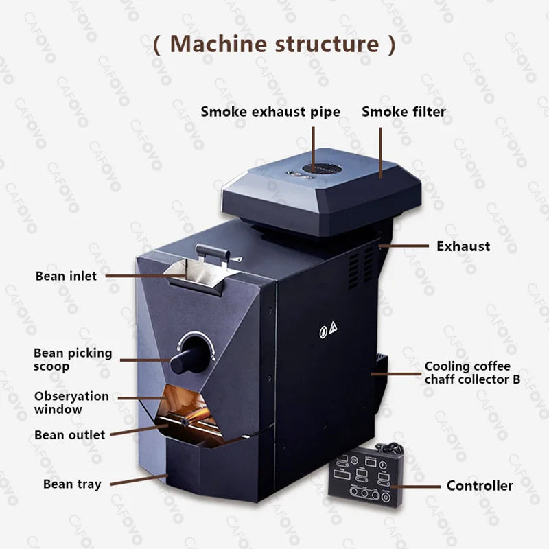 CAFOVO RE-1 Electric Coffee Bean Roaster Commercial Roaster Automatic Roasting Machine with 3 Baking Curve Grain Dryer 110-220V