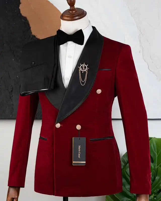 Costume de mariage double boutonnage en velours pour homme