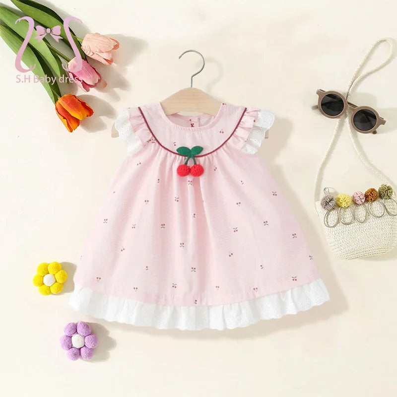 Delicate Baby Newborn Dresses Sweet Cute Cherry Girl Kids Dress Summer Sleeveless Chidlren Clothes 0-4 Y Toddlers Casual Wear