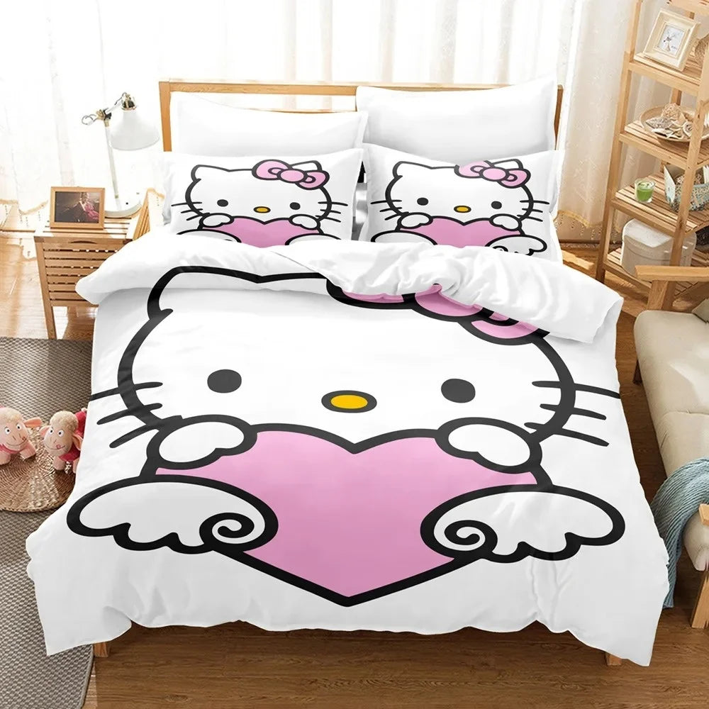 Sanrio Hello Kitty Cartoon Big Size Bedding Set Pink Cats Kawaii Duvet Cover For Girl Kids Single Decor Home Bedclothes Custom
