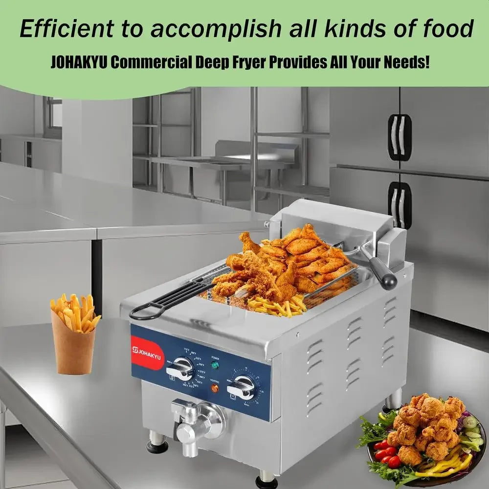 13Lbs Electric Commercial Deep Fryer Timer Drain Stainless Steel 6L Countertop Fryer Adjustable Temperature Oil Recycling